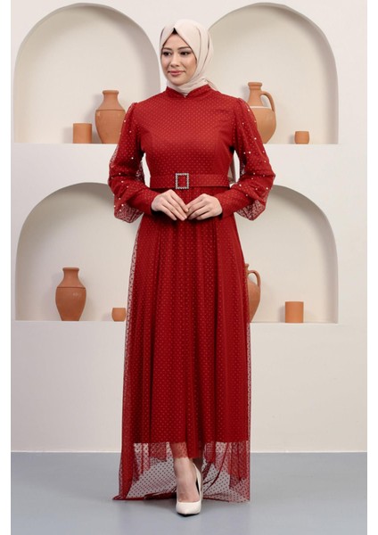 Kemeri Taşlı Tül Abiye Kiremit 12242