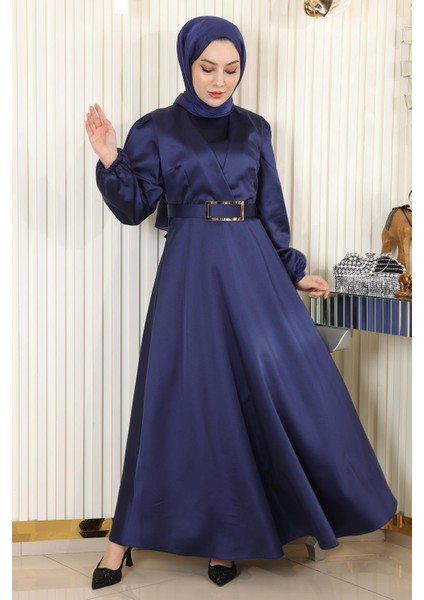 Kemerli Saten Abiye Indigo 19191
