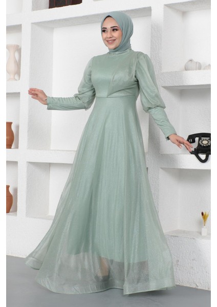 Manşeti Fermuar Detaylı Simli Abiye Mint 12253