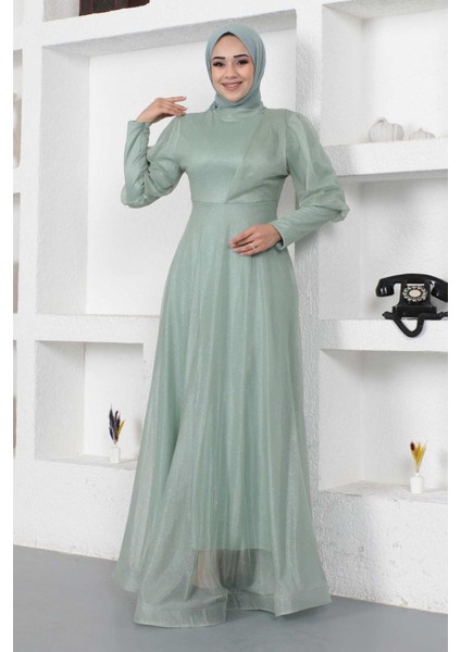 Manşeti Fermuar Detaylı Simli Abiye Mint 12253 modelleri