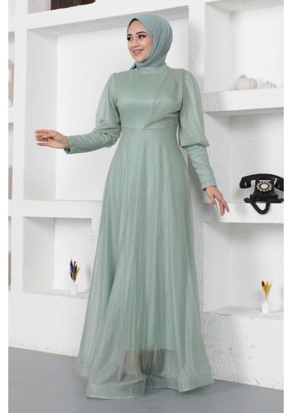 Manşeti Fermuar Detaylı Simli Abiye Mint 12253 fırsatları