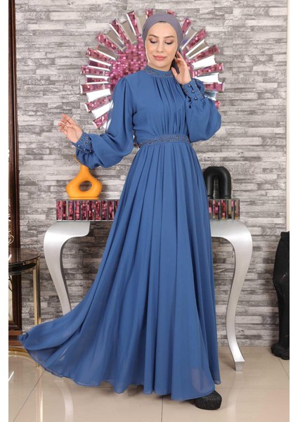 Taş Detaylı Şifon Abiye Indigo 19109