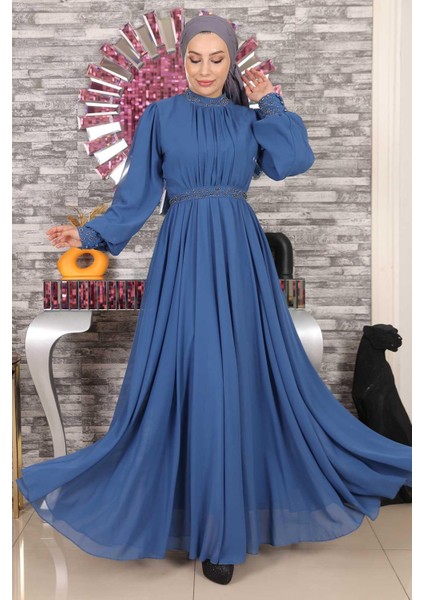 Taş Detaylı Şifon Abiye Indigo 19109