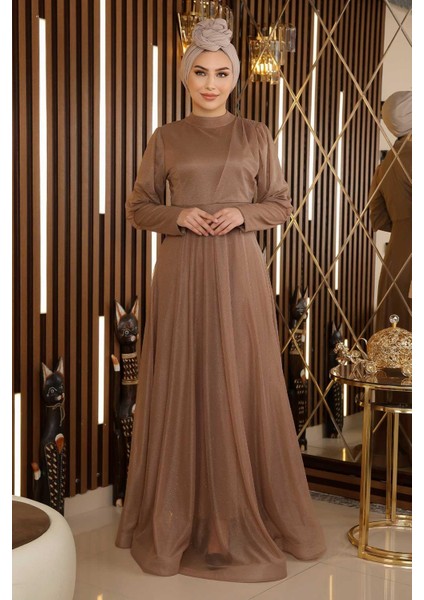 Manşeti Fermuar Detaylı Simli Abiye Vizon 12253 modelleri