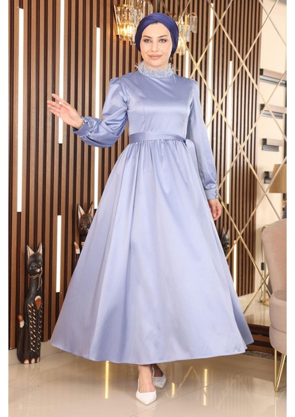 Moda Mihram Tüy Detaylı Saten Abiye Mavi 19123