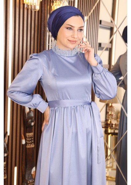 Moda Mihram Tüy Detaylı Saten Abiye Mavi 19123