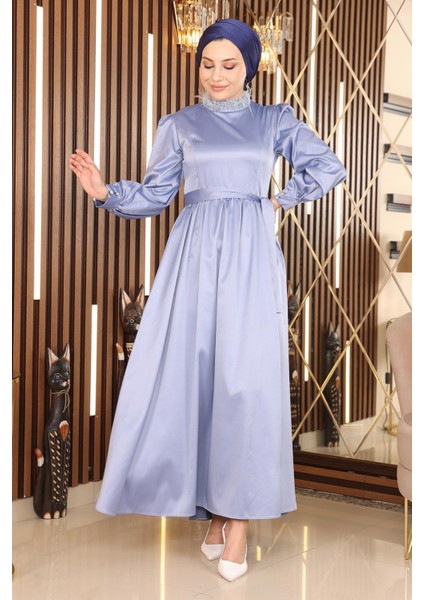 Moda Mihram Tüy Detaylı Saten Abiye Mavi 19123