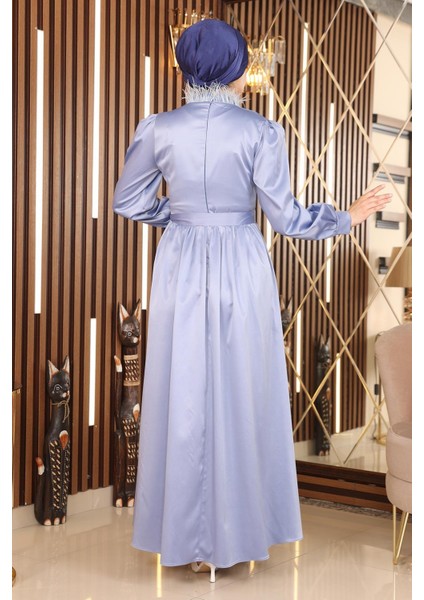 Moda Mihram Tüy Detaylı Saten Abiye Mavi 19123