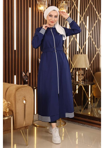 Fermuarlı Kapşonlu Ferace Indigo 19126