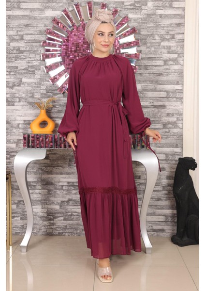 Dantel Detaylı Şifon Abiye Mürdüm 19143