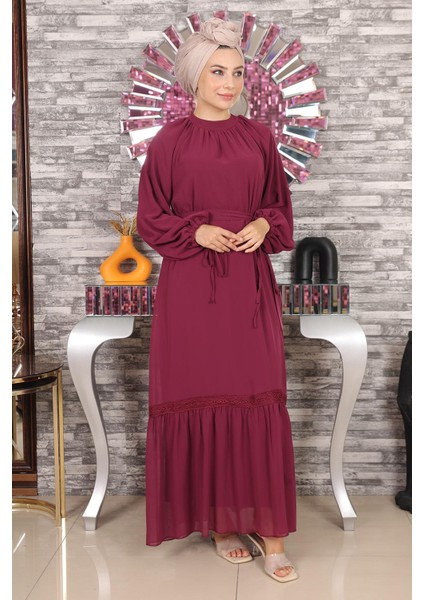 Dantel Detaylı Şifon Abiye Mürdüm 19143 modelleri