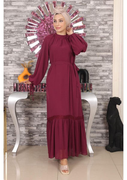 Dantel Detaylı Şifon Abiye Mürdüm 19143 fırsatları