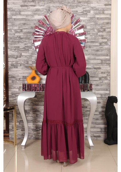 Dantel Detaylı Şifon Abiye Mürdüm 19143 indirimleri