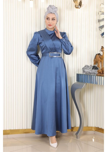 Moda Mihram Drapeli Saten Abiye Mavi 19192