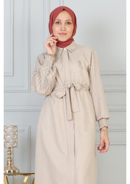 Taş Detaylı Fermuarlı Ferace Bej 19208 fiyatları