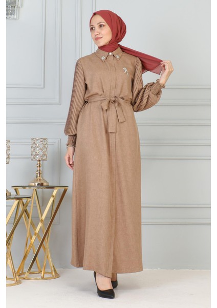 Taş Detaylı Fermuarlı Ferace Taba 19208