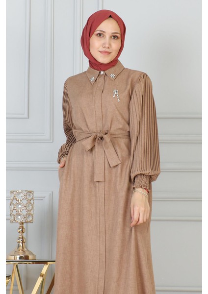 Taş Detaylı Fermuarlı Ferace Taba 19208 fiyatları