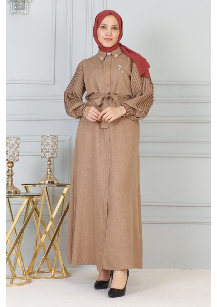 Taş Detaylı Fermuarlı Ferace Taba 19208 modelleri