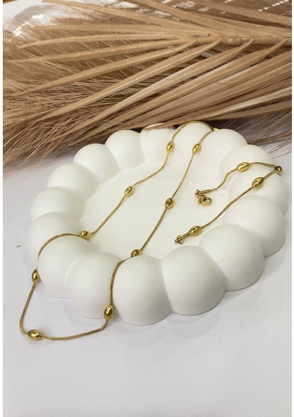 Altın / Gold Renk Oval Toplu 316L Çelik Kolye