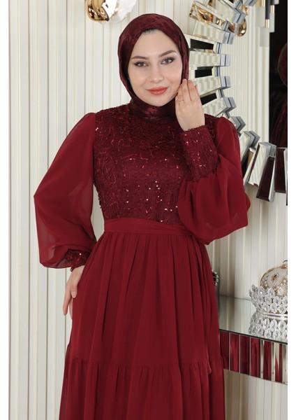 Pulpayetli Şifon Abiye Bordo 19187 fiyatları