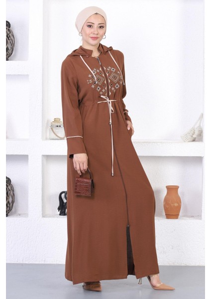Nakışlı Kapşonlu Ferace Kahverengi 12210 modelleri