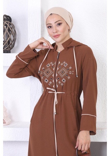 Nakışlı Kapşonlu Ferace Kahverengi 12210 fırsatları