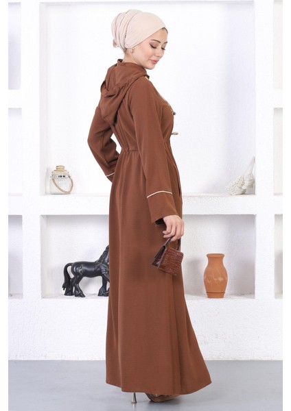 Nakışlı Kapşonlu Ferace Kahverengi 12210 indirimleri