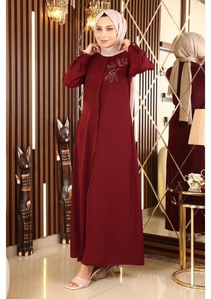 Nakışlı Tesettür Ferace Bordo 10773