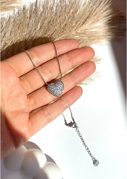 Gümüş / Silver Renk Zirkon Taşlı Kalp Figürlü 316L Çelik Kolye fiyatları