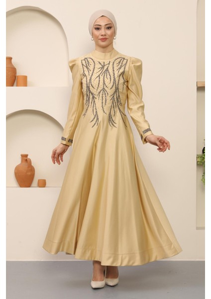 Taşlı Saten Abiye Gold 12247