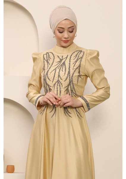 Taşlı Saten Abiye Gold 12247 fiyatları