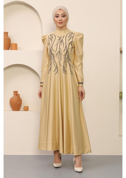 Taşlı Saten Abiye Gold 12247 modelleri