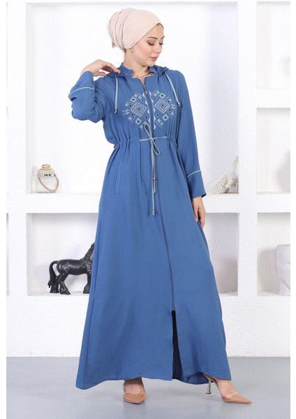 Missvalle Nakışlı Kapşonlu Ferace Mavi 12210 modelleri