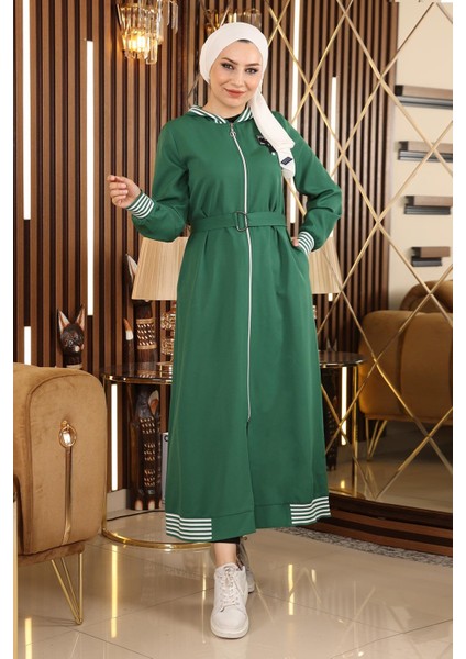 Missvalle Fermuarlı Kapşonlu Ferace Zümrüt 19126