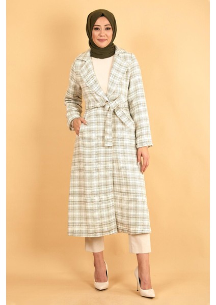 Moda Mihram Geniş Yaka Şanel Kumaş Kaşe Kaban Haki 12260