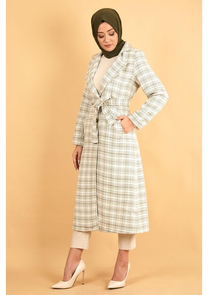 Moda Mihram Geniş Yaka Şanel Kumaş Kaşe Kaban Haki 12260 modelleri