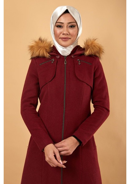 Fermuarlı Kapüşonlu Kaşe Kaban Bordo 12265