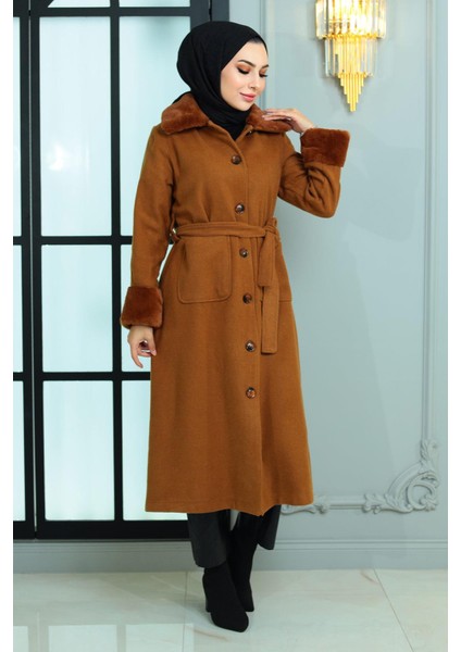 Moda Mihram Kürk Detaylı Kaşe Kaban Taba 19175