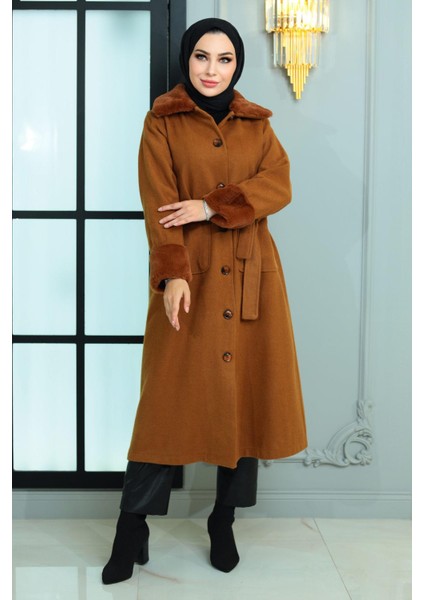 Moda Mihram Kürk Detaylı Kaşe Kaban Taba 19175 modelleri