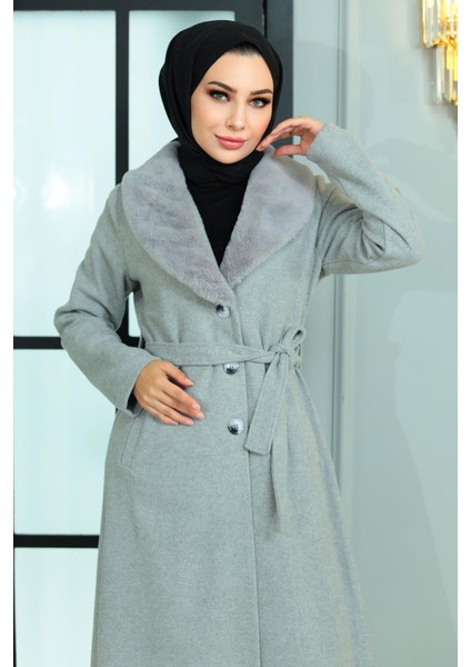 Missvalle Geniş Kürk Yakalı Kaşe Kaban Gri 19174 fiyatları