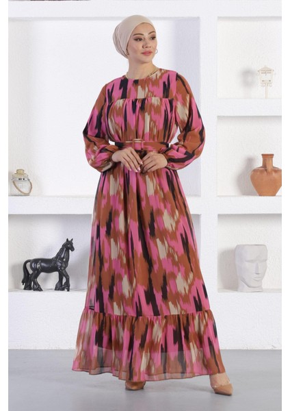 Missvalle Desenli Şifon Elbise Pembe 12243