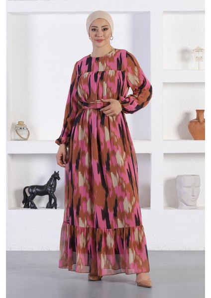 Missvalle Desenli Şifon Elbise Pembe 12243