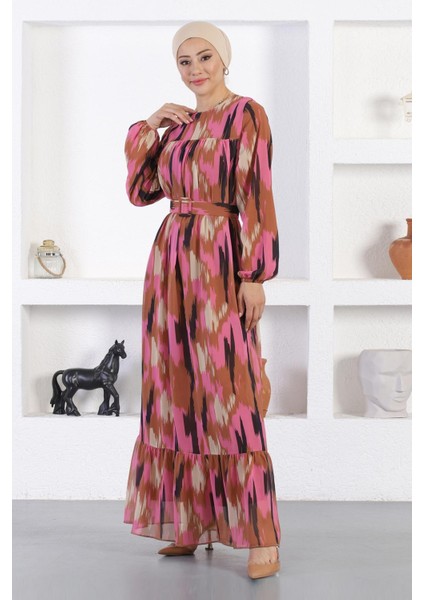 Missvalle Desenli Şifon Elbise Pembe 12243