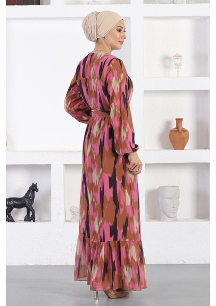 Missvalle Desenli Şifon Elbise Pembe 12243