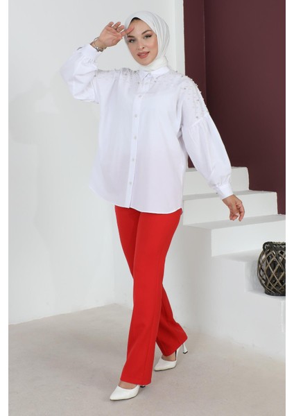 Çizgi Detaylı Pantolon Kırmızı 6078