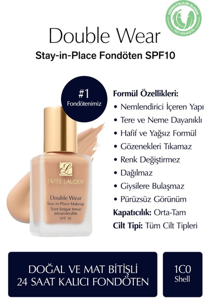 Estee Lauder Doğal ve Mat Bitişli - Double Wear Stay-In-Place Fondöten Spf 10 ( 1c0 Shell ) - 30 ml