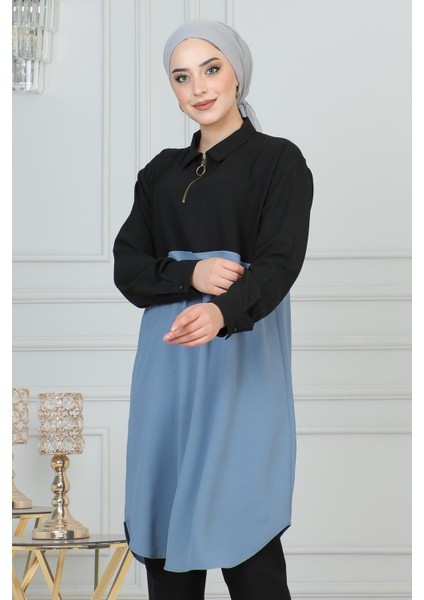 Moda Mihram Fermuar Detaylı Tunik Mavi 6098