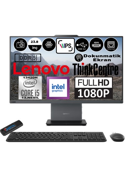 Thinkcentre Neo 24 50A Gen5 Intel Core I5 13420H 64GB Ddr5 512GB SSD Windows 11 Pro Intel® UHD Graphics 23.8" Dokunmatık Fhd All In One Bilgisayar 12SC001LTRP12 + Zetta Flash Bellek