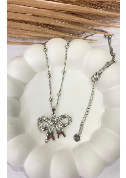 Gümüş / Silver Renk Fiyonk Uçlu Top Zincir 316L Çelik Kolye