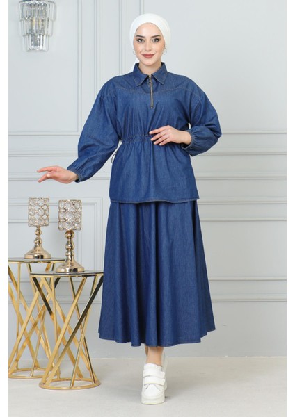 Beli Bağcık Detaylı Etekli Kot Takım Koyu Mavi 19198